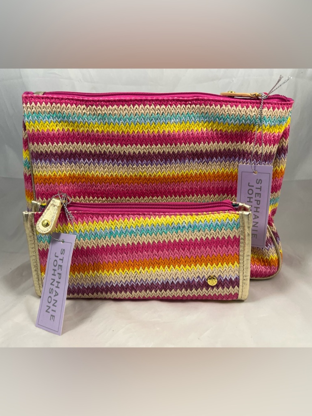 Stephanie Johnson Cosmetic Travel Bags Set Of 2 Rainbow Raffia Print NWT